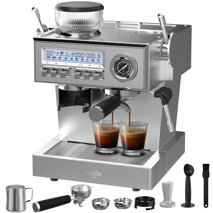 Iceagle Espressomaschine – Italienisches Design, 20-Bar-Pumpe, 1350 W, 25 Einstellungen, integriertes Mahlwerk