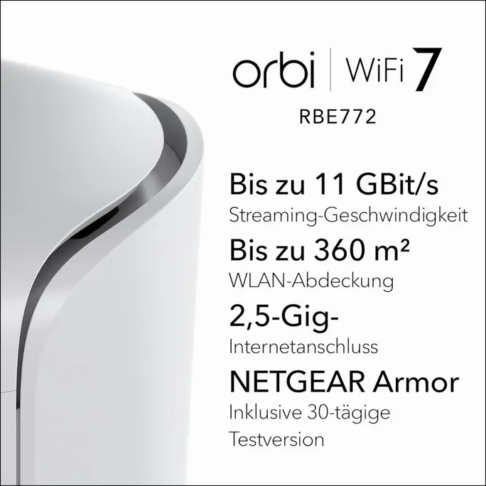 NETGEAR Orbi 770 Serie Tri-Band WiFi 7 Mesh-Netzwerksystem (RBE772) – Router + 1 Satellit-Repeater, Sicherheitsfunktionen, bis zu 11 Gbit/s, Abdeckung bis 360 m2, 100 Geräte, 2,5 GB Internetanschluss – Image 3