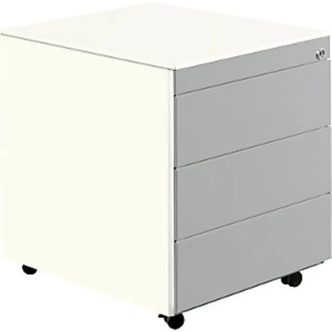 Schubladencontainer mit Rollen, 570×600, Stahlpl., 3 Schubl. weiß/alu