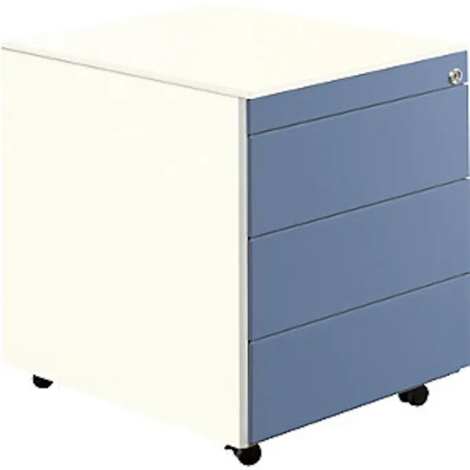 Schubladencontainer mit Rollen, 570×600, 1 Materialschub, 1 Hängereg., weiß/blau